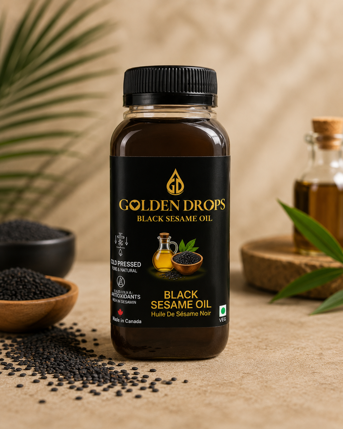 Golden Drops Black Sesame Oil bottle